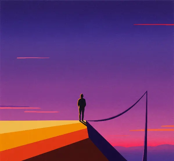 A lone person standing on a cliff or rooftop at twilight, gazing at a vast purple sky.