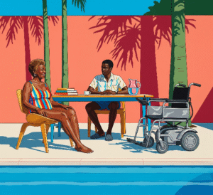 A vibrant painting depicts a Black woman in a swimsuit by a pool, facing a Black man at a table, with an electric wheelchair nearby.