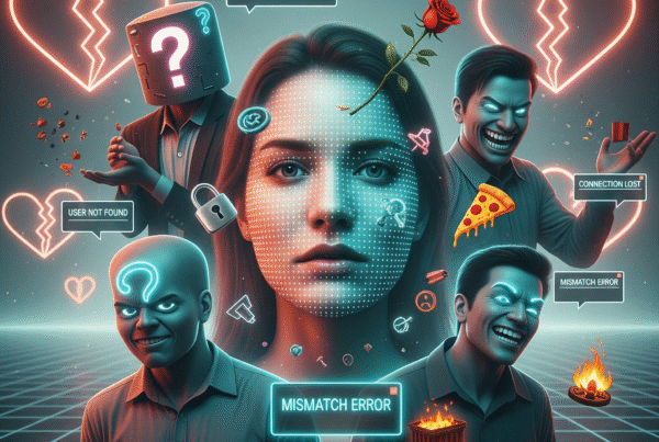 Pixelated woman's face surrounded by neon broken hearts and sinister men, illustrating online dating frustrations.