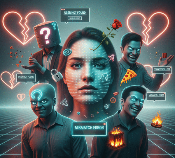Pixelated woman's face surrounded by neon broken hearts and sinister men, illustrating online dating frustrations.