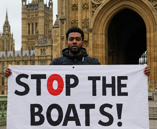 a brown skinned man outside the House of Parliament holding up a STOP THE BOATS banner