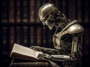 Image of a robot reading a book