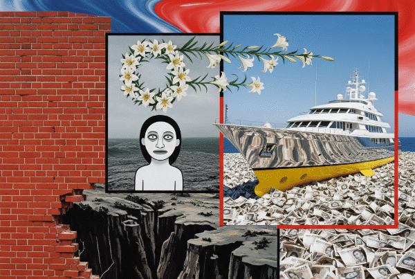 A stylized collage with a crumbling brick wall, a yacht on a sea of money, and a gray, doll-like figure.