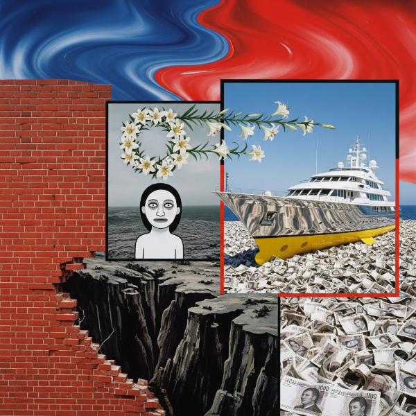 A stylized collage with a crumbling brick wall, a yacht on a sea of money, and a gray, doll-like figure.