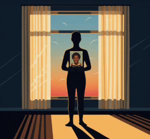 A silhouetted figure in a dark room holds a photo of a Black woman, bathed in dawn light from a window.