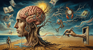 A melting human profile merges with tech-infused tree branches holding a lobster-clock and an ant-covered microchip in a surreal desert. A hand emerges from a melting doorway to write in light near a lone figure on the shore.