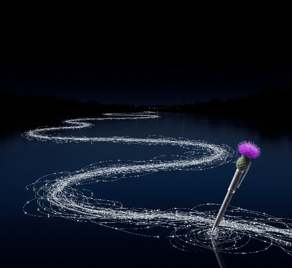 An abstract image showing a pen with a thistle on its end, creating a trail of light on a dark, reflective surface that evokes a river at night.