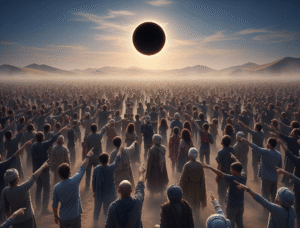 A vast multitude of people in a desert look up, pointing towards a black sun in the sky.