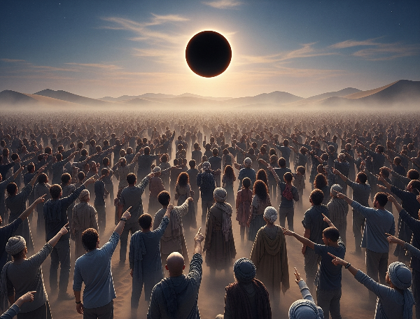 A vast multitude of people in a desert look up, pointing towards a black sun in the sky.
