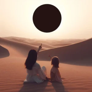 Two youngsters in an expanse looking up and at a black sun