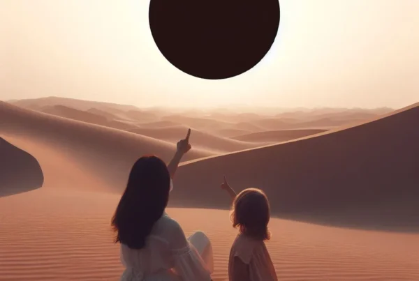 Two youngsters in an expanse looking up and at a black sun