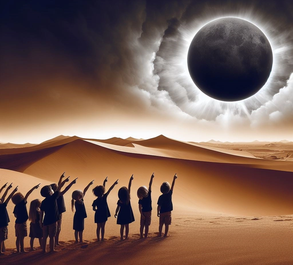 Children looking at a black sun
