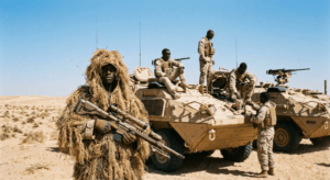 Soldiers in desert camouflage with armored vehicles and sniper under blue sky.