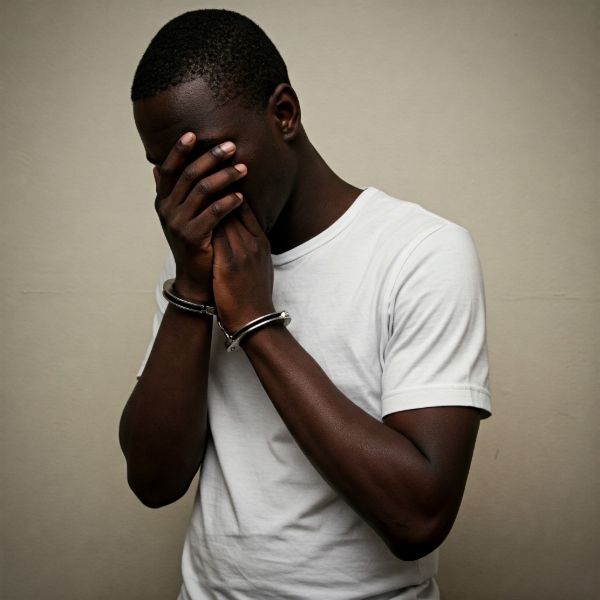 black male in white t-shirt, handcuffed and covering his face