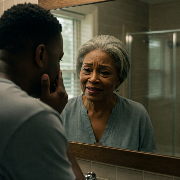 a black man looking in the mirror and seeing his mother