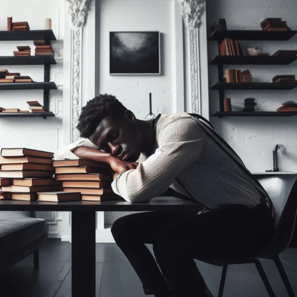 A young man sleeping at a desk sleeping on a pile of books - Skendong Poetry