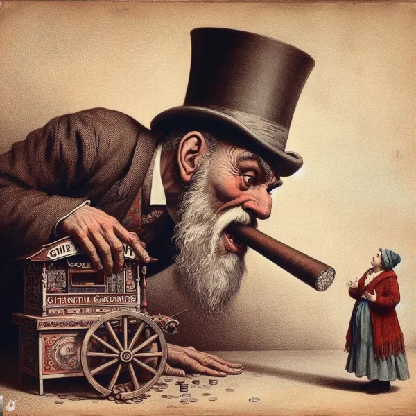 an old school banker with cigar looking down at a poor lady
