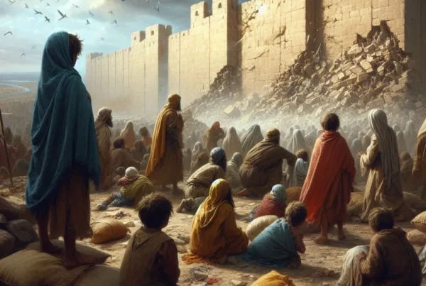 a depiction of people watching the destruction of Jerichos Wall