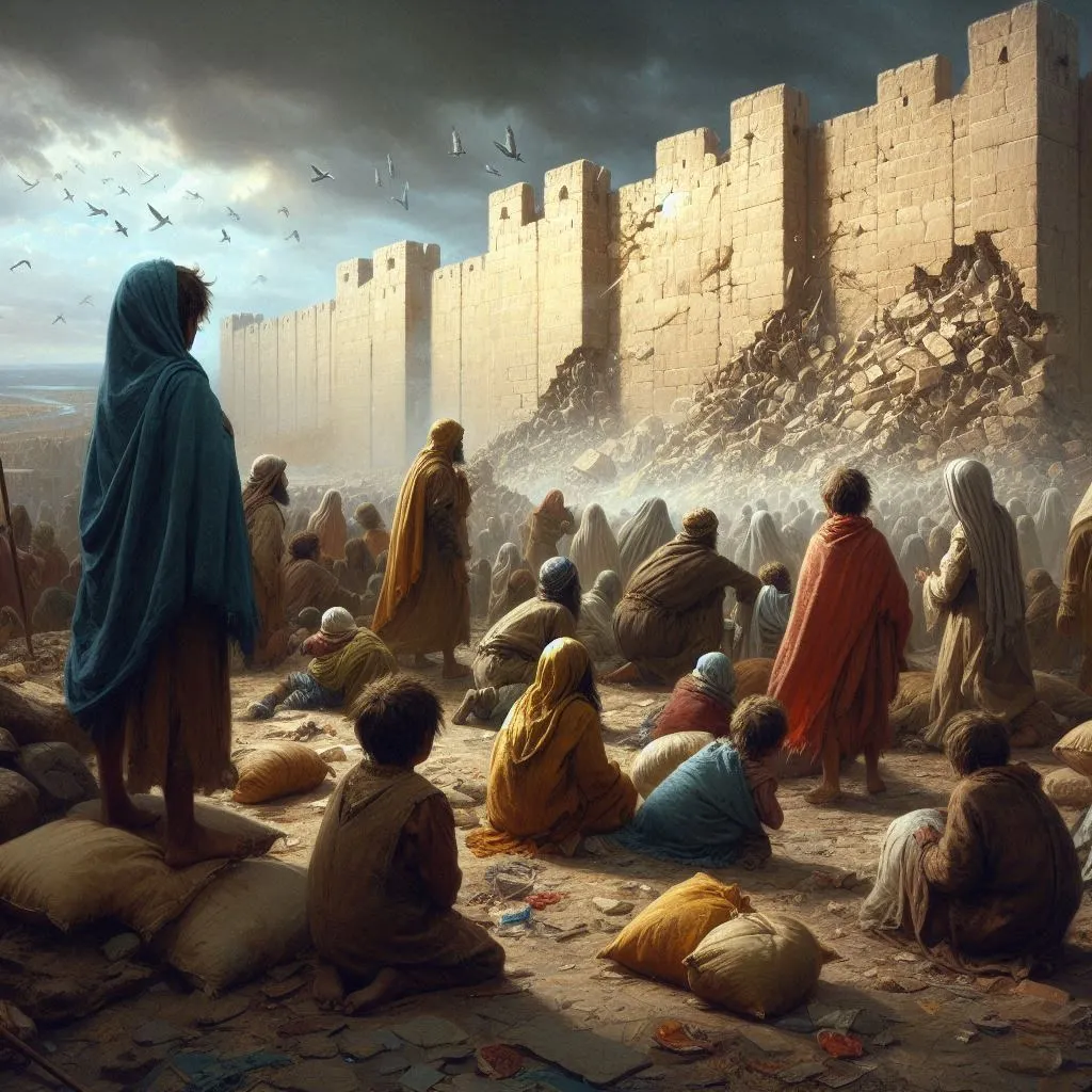 a depiction of people watching the destruction of Jerichos Wall