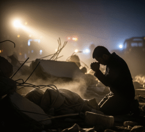 A silhouette of a buried figure under rubble, barely visible, with someone praying nearby.