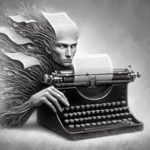 a ghost on a typewriter churning out documents