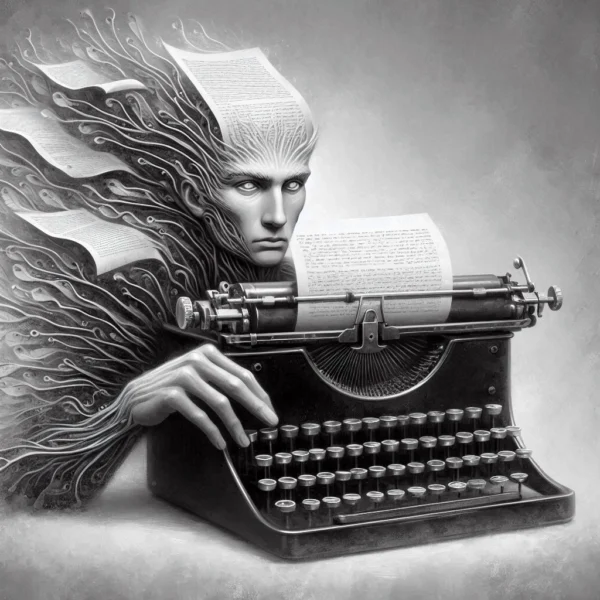 a ghost on a typewriter churning out documents