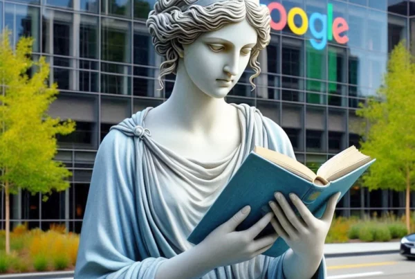 Goddess reading a book outside Google offices