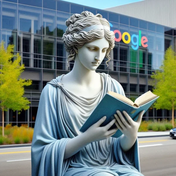 Goddess reading a book outside Google offices