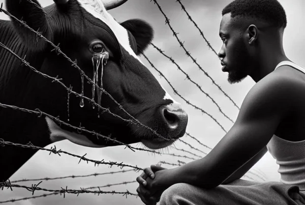 A black man conversing with a Holstein Friesian