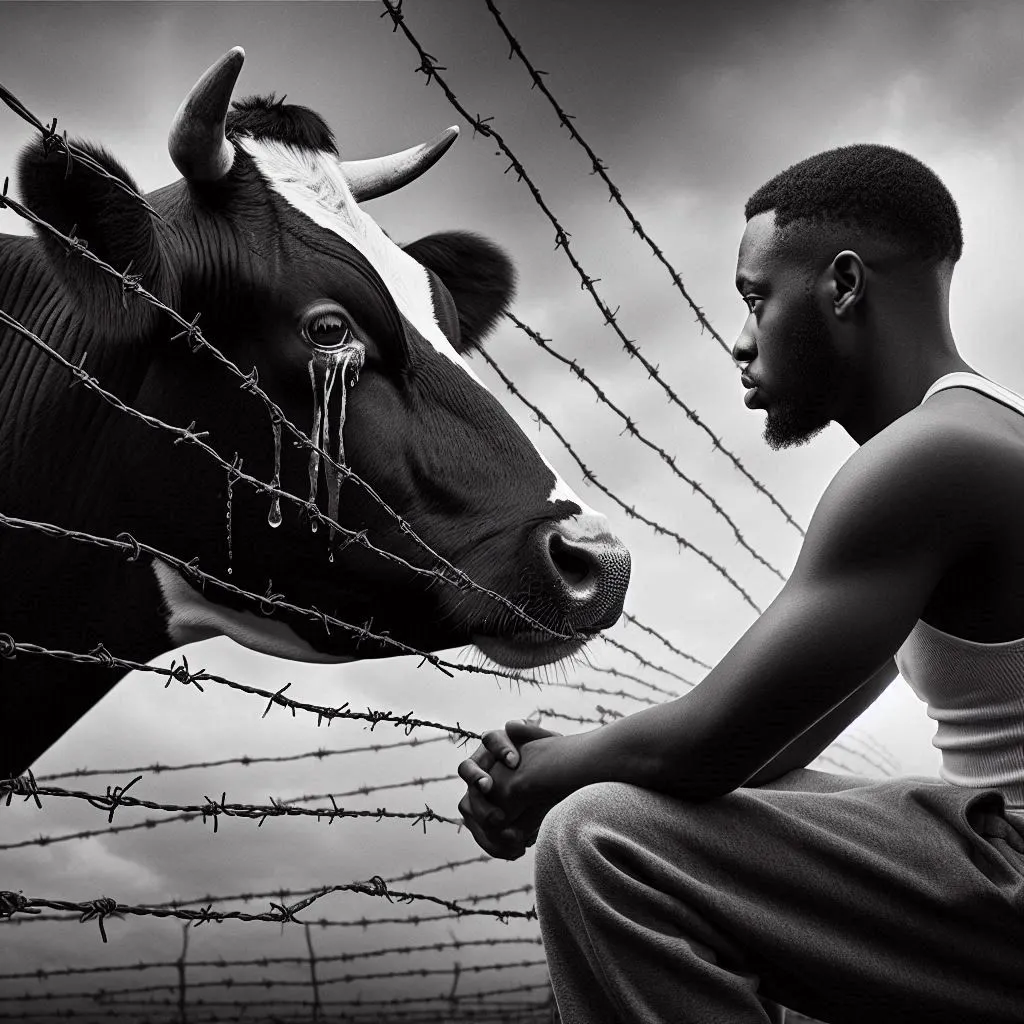 A black man conversing with a Holstein Friesian