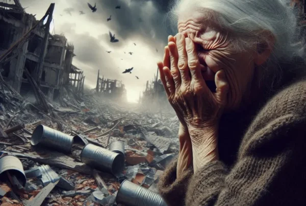 an old woman in distress amidst destruction