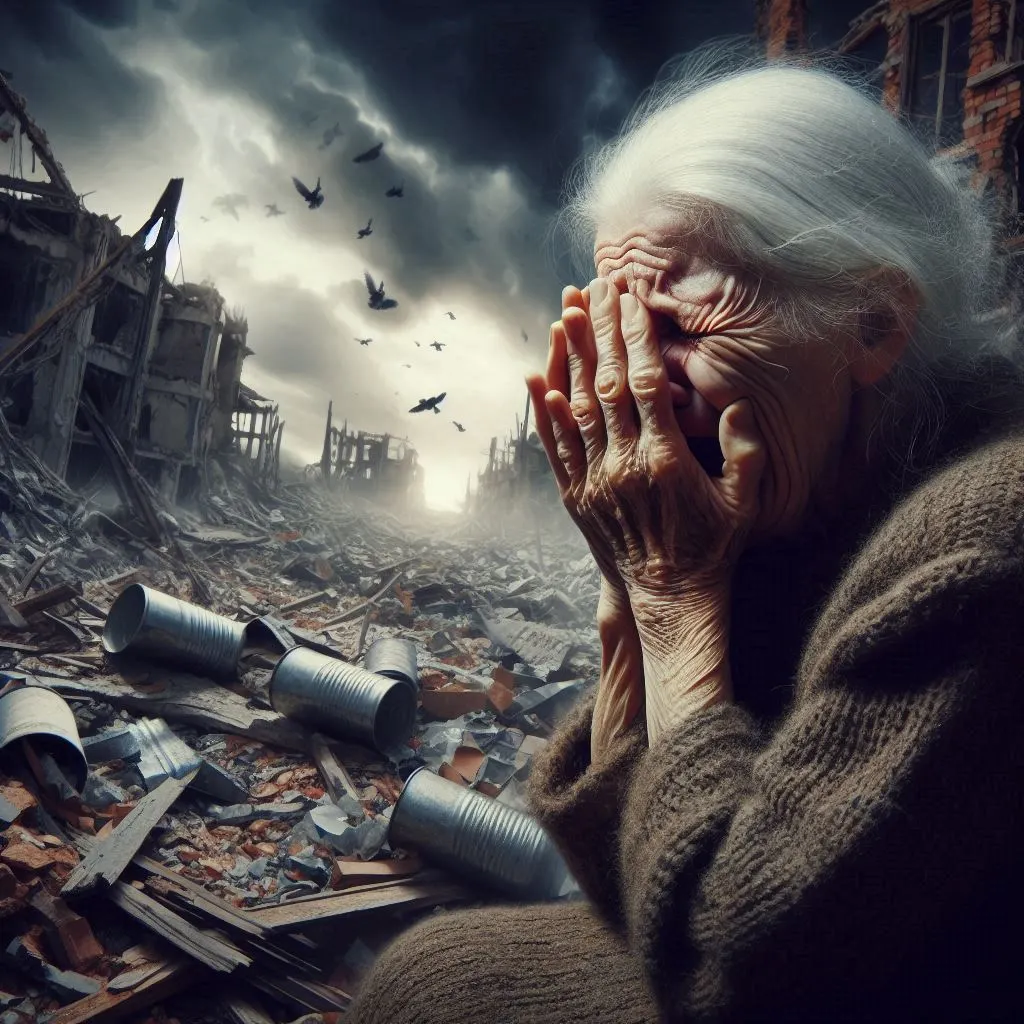 an old woman in distress amidst destruction