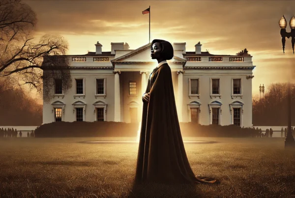 DALL·E-2024-10-29-13.53.34-A powerful aymbolic image set on the lawn of the Ellipse in front of the White House at dawn capturing a poised Black woman in a dignified stance - Skendong Poetry