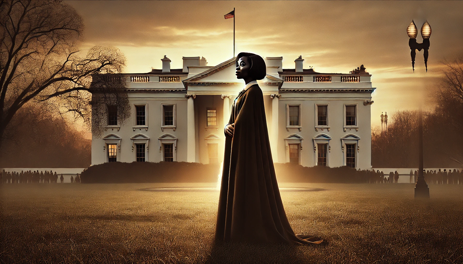 DALL·E-2024-10-29-13.53.34-A powerful aymbolic image set on the lawn of the Ellipse in front of the White House at dawn capturing a poised Black woman in a dignified stance - Skendong Poetry