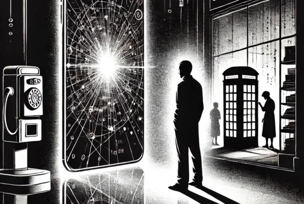 A modernized, stark black-and-white illustration reflecting the themes of digital addiction and loss of human connection