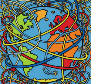Painted Earth entangled in cables and power lines symbolizes global energy and technology strain.