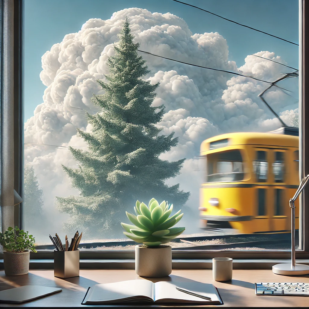 A-serene-scene-at-a-desk-near-a-window-with-a-small-potted-Crassula-plant-on-the-windowsill.-Outside a clear pale blue sky with large marble-like clouds