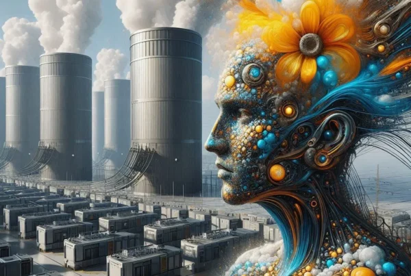 An image of a mirage of Artificial Intelligence amidst data centres and nuclear reactors