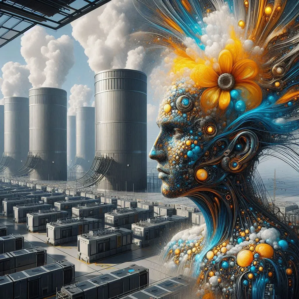 An image of a mirage of Artificial Intelligence amidst data centres and nuclear reactors