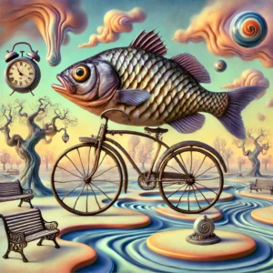 A large fish riding an antique bike