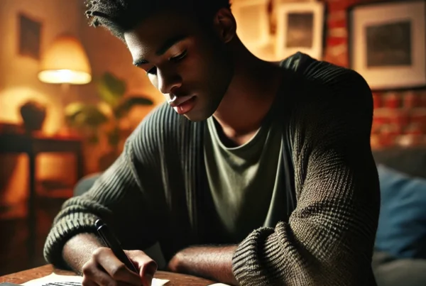 A young black male sits immersed in a blackout poem