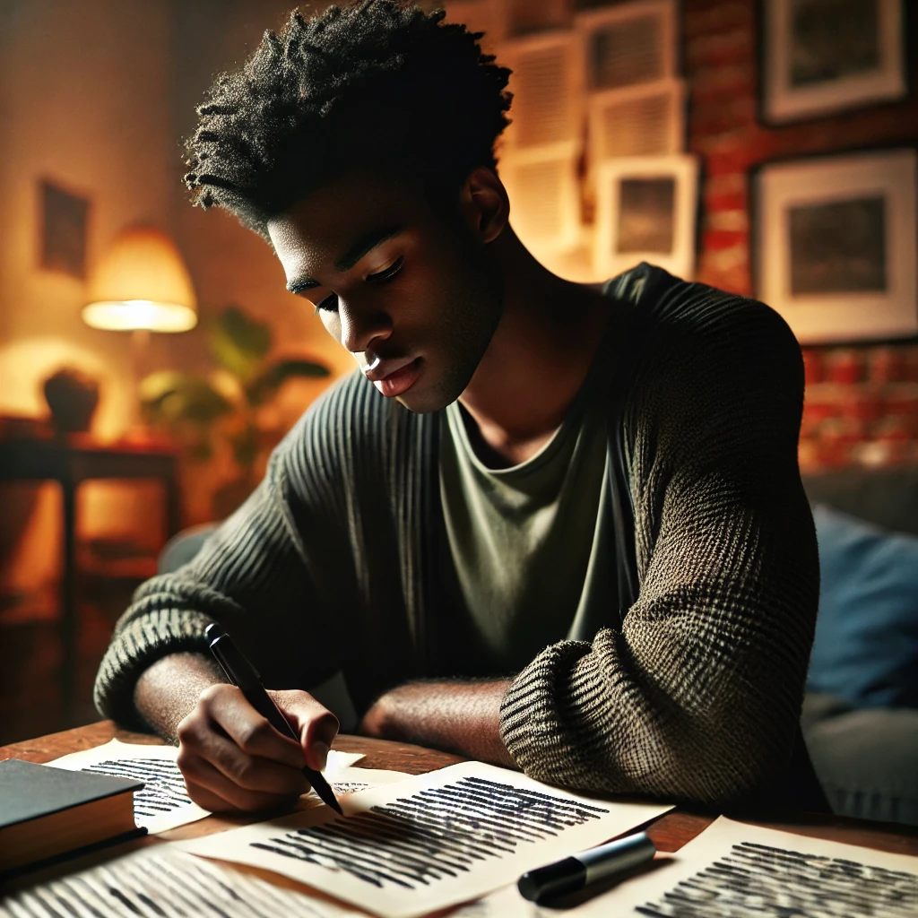 A young black male sits immersed in a blackout poem