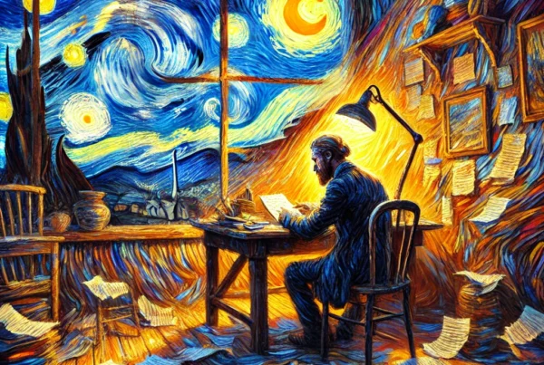 A scene depicting a poet sitting at a rustic desk deeply immersed in editing their work. inspired by Van Gogh's vibrant color style.