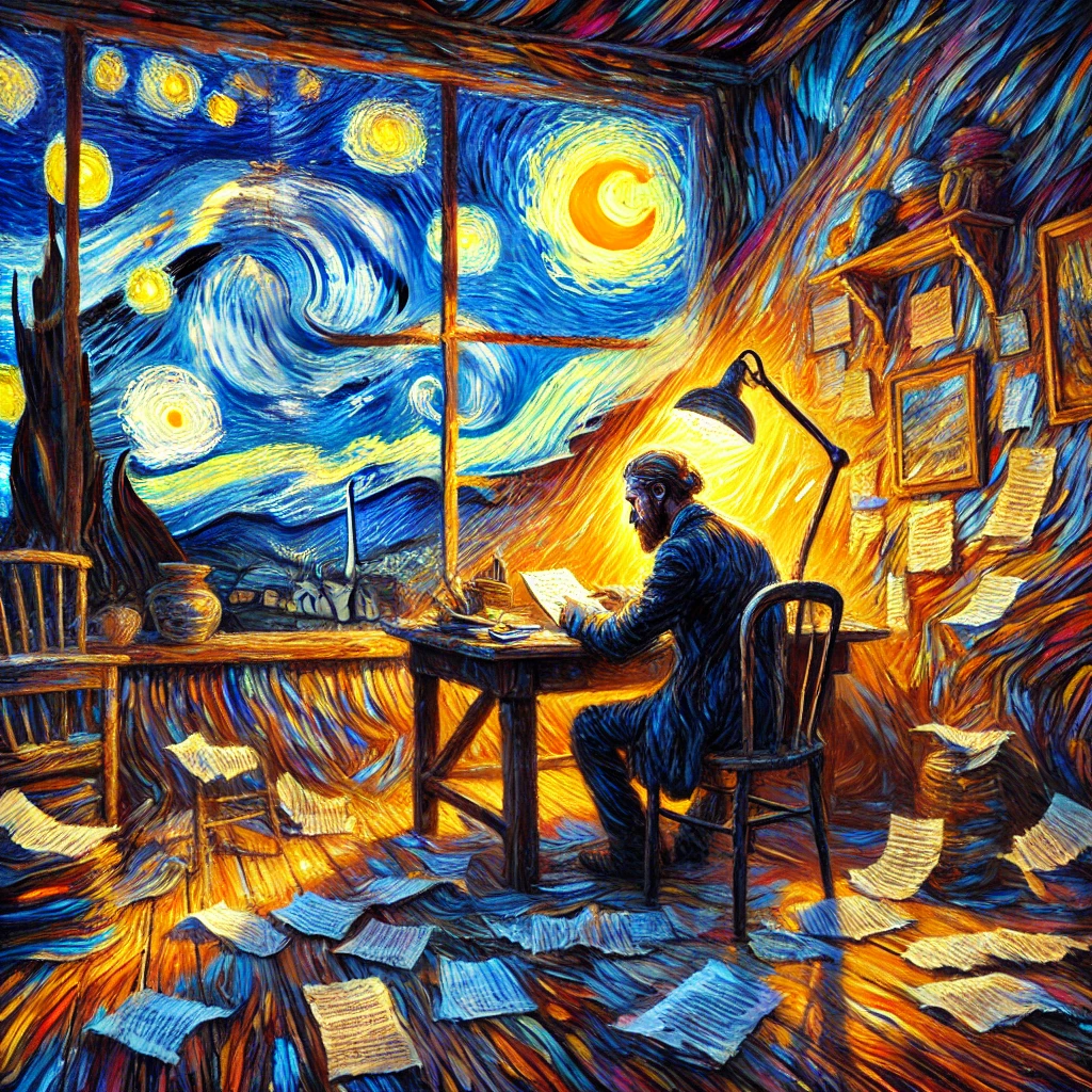 A scene depicting a poet sitting at a rustic desk deeply immersed in editing their work. inspired by Van Gogh's vibrant color style.