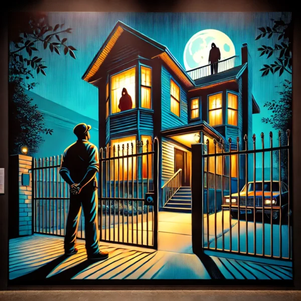 A contemporary art scene depicting a dramatic night setting of a man standing outside another man's house with the occupant looking down