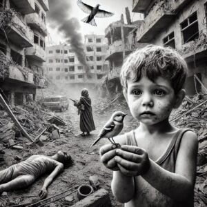A black and white image depicting the harrowing aftermath of war in Gaza, Palestine. The foreground shows a small orphaned boy holding a delicate Sunbird.