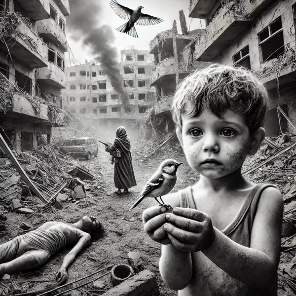 A black and white image depicting the harrowing aftermath of war in Gaza, Palestine. The foreground shows a small orphaned boy holding a delicate Sunbird.