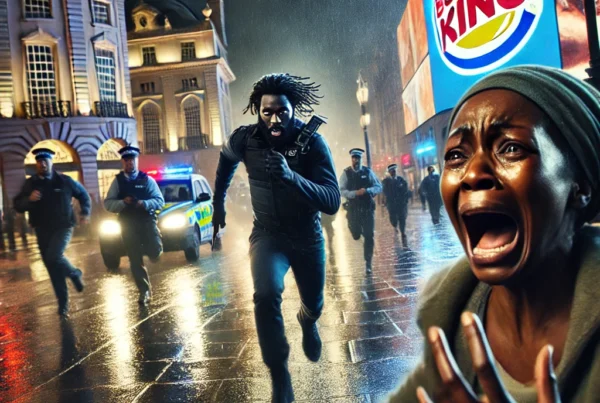 A dramatic scene in an urban setting at night. A distressed Black man with wild eyes and a small dagger being chased by Police