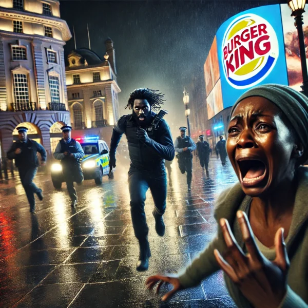 A dramatic scene in an urban setting at night. A distressed Black man with wild eyes and a small dagger being chased by Police