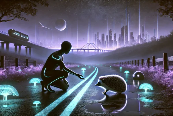 Skendong Poetry - A serene yet futuristic scene inspired by a poem about a hedgehog on a quiet night by Skendong